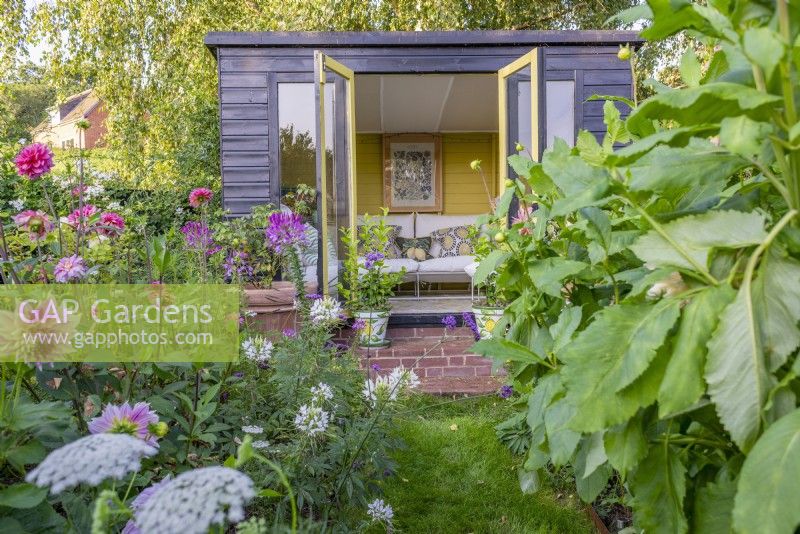 Black timber summer house with open doors showing interior and pots of lemon trees on steps outside and borders of annuals and Dahlias