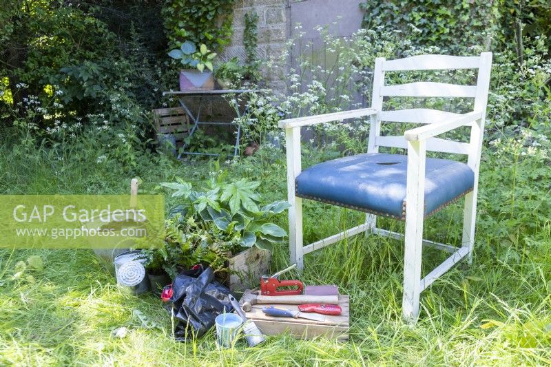 Old chair, Fatsia, Hostas, Ferns, compost, paint, paint brush, hammer, staple gun, sandpaper, stanley knife, scraper and watering can laid out on the ground