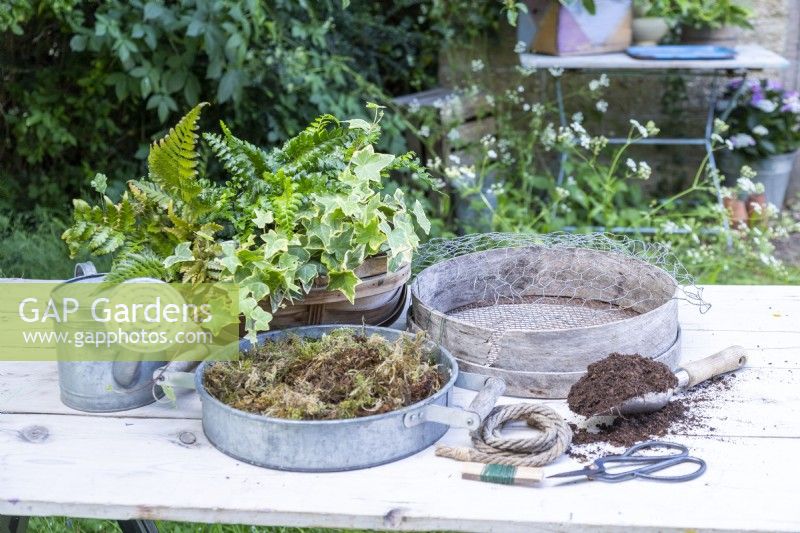 Ferns, Ivy, compost sieve, compost, scoop, compost, rope, wire, bonsai shears, watering can, chicken wire and moss laid out on wooden table