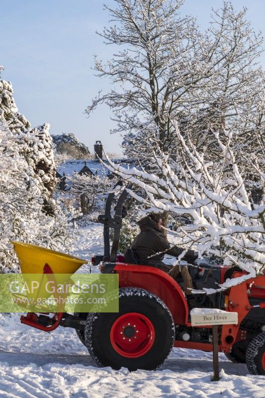 The garden at Gravetye Manor, Sussex, in winter. Gardener driving a small tractor, near orchard