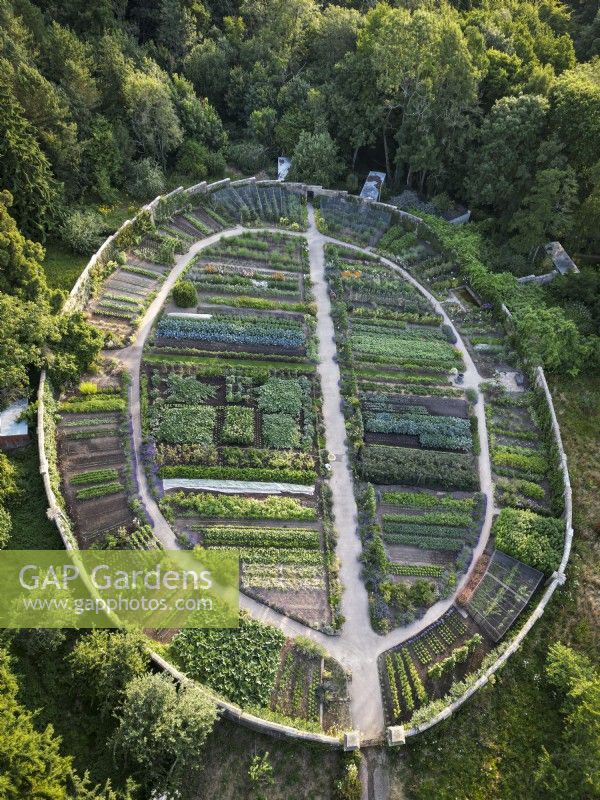 Aerial view of the walled kitchen garden at  Gravetye Manor Gardens