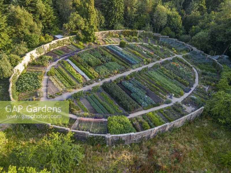 Aerial view of the walled kitchen garden at Gravetye Manor Garden