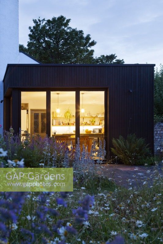 View across flower borders and meadow lawn to the house and modern kitchen extension at dusk.