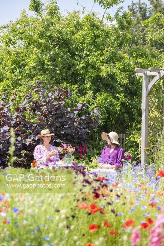 Two women sitting at table in garden near wooden arch