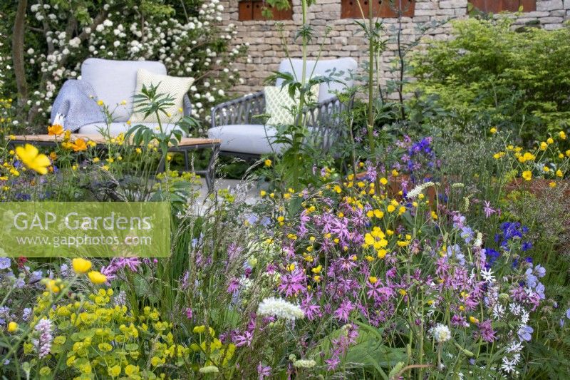 Wildlife friendly planting surrounds a secluded seating area on the RSPCA Garden designed by Martyn Wilson - RHS Chelsea Flower Show 2023