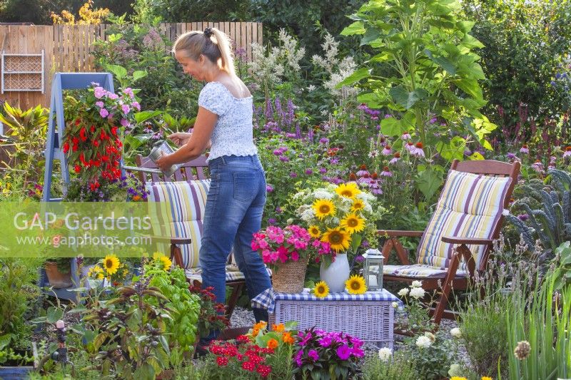 Balcony flowers in pots and bouquet of sunflowers and wild carrots in enamel jug. Woman watering potted flowers on wooden ladder.