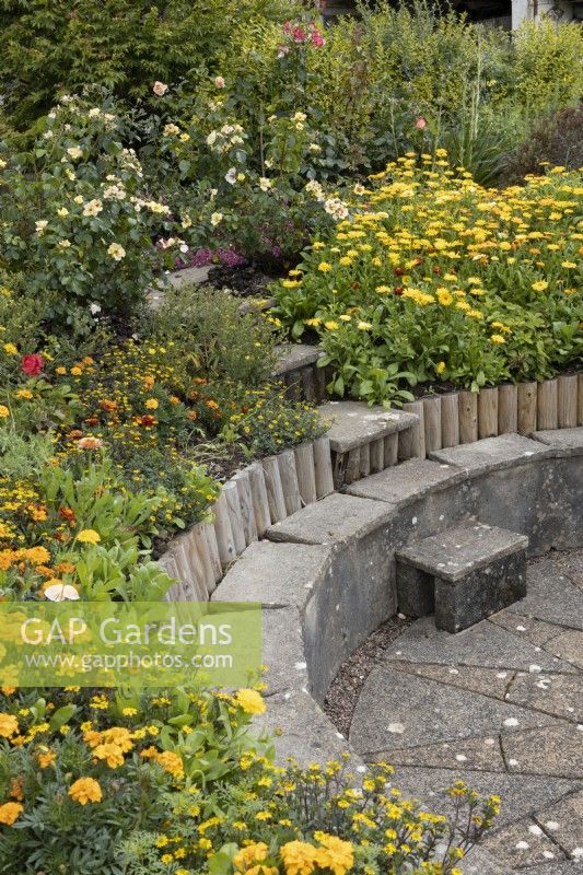 Journey to the Sun, the circular, sunken barbecue area, with steps leading down to a paved area surrounded by stone seating, amongst a profusion of yellow and orange planting. Harbour Lights, Devon NGS garden. July. 