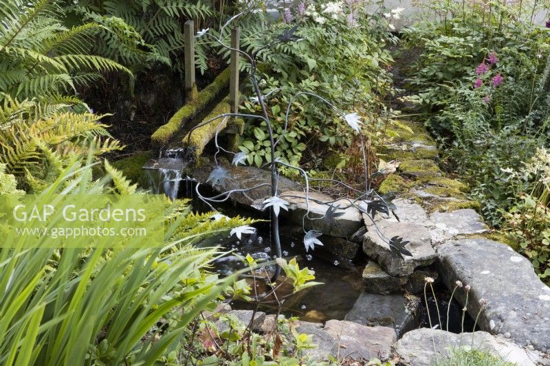 A metal sculpture with leaves in the middle of a small pond, surrounded by foliage with a small rill and waterfall in the background. Harbour Lights, Devon NGS garden. July. 