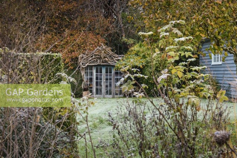 Summerhouse at Balmoral Cottage, Kent on a frosty December morning.