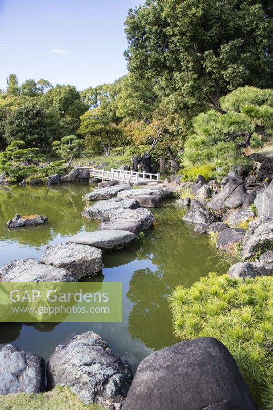 Stepping stones arranged at the lakes edge known as Iso-watari with view to wooden bridge