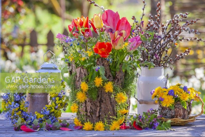 Bouquet of spring flowers including wildflowers and tulips in a vase covered with bark, wreaths made of dandelion flowers and Myosotis. Tea pot made of bark, willow and lichens filled with bouquet of dandelion and muscari.