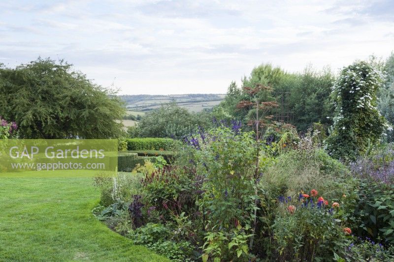 Lawn and mixed borders with views to the countryside beyond. White flowering Clematis 'Huldene' covers the steel support tower.