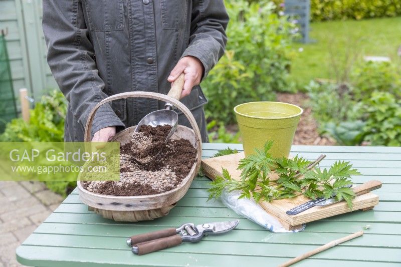 Woman mixing grit and compost together in trug