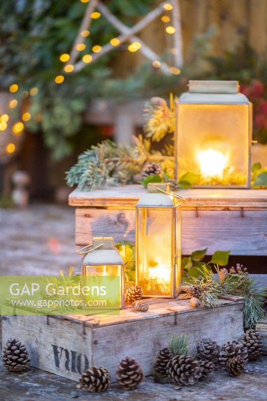 Lanterns on wooden crates with Pine sprigs and pinecones arranged around them