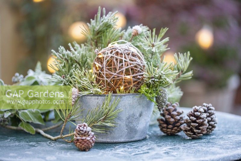 Wicker ball wrapped in lights in a metal pot with Pine sprigs and pinecones on a metal table covered in frost