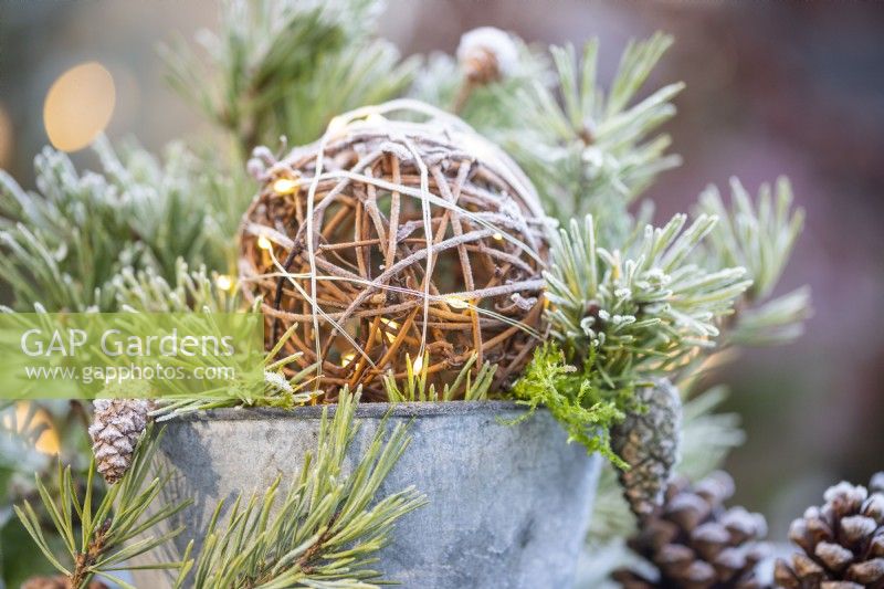 Wicker ball wrapped in lights in a metal pot with Pine sprigs and pinecones covered in frost