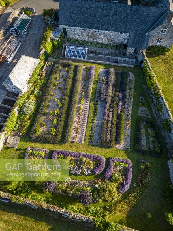 Aerial view of Mothecombe House Gardens in Devon,  view of the walled bee-friendly gardens with formal beds