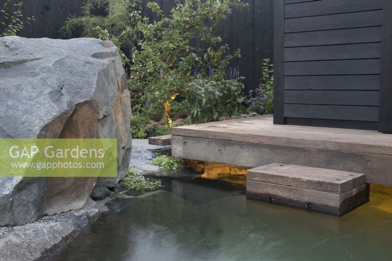 Timber frame wooden deck with steps leading down to a cold water plunge pool - a black painted fence with Malus domestica - Apple tree - large stone boulder - The Finnish Soul Garden RHS Chelsea Flower Show September 2021