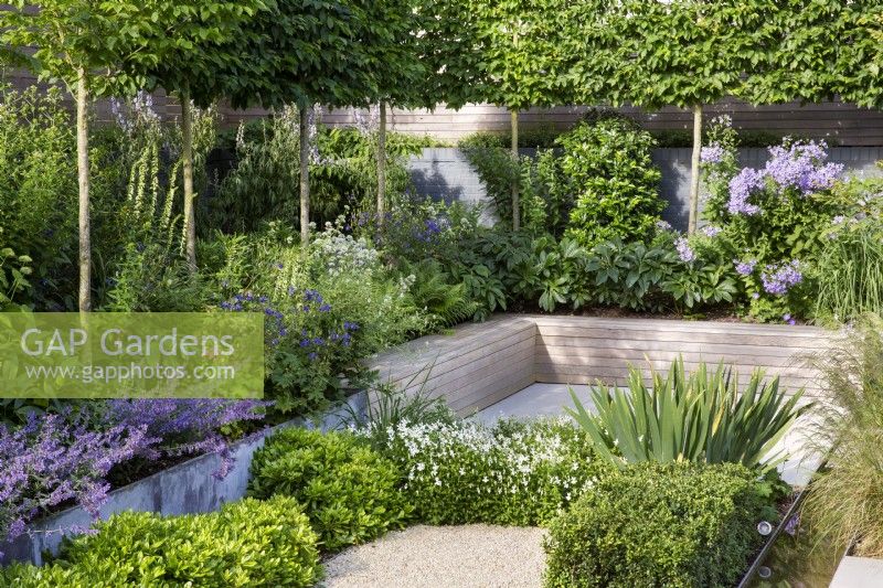 Contemporary built-in bench and raised beds in modern garden