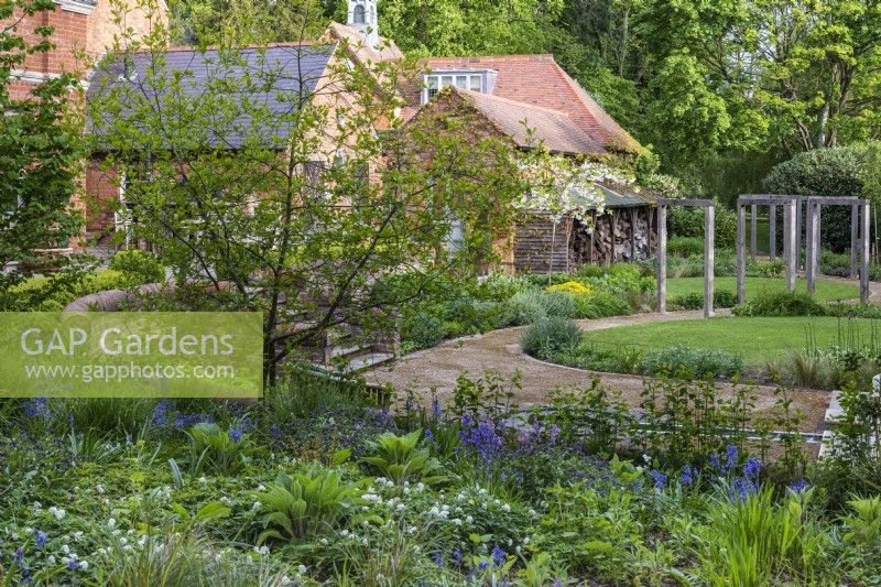 A contemporary garden for midsummer colour is planted to the east of the house. See over a shady bank of bluebells, windflowers and grasses.