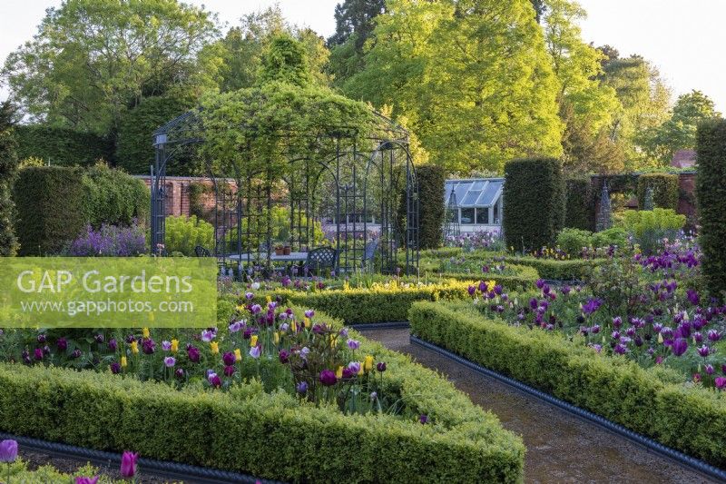 A Victorian walled garden has a central arbour, around which a formal arrangement of differently shaped, rope and box edged beds emanate: planted with tulips, honesty, euphorbia and a sea of leafy perennials. Yew columns add permanence.