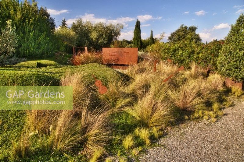 Mediterranean garden view at the entrance gates decorated with violin sculptures. Grassland with Stipa tenuissima, gaura flowers and violin sculptures, Olive tree in the iron container. 
Ground cover: Lippia nodiflora var. canescens.
Italy, Tuscan Maremma, Orbetello
Autumn season, October
