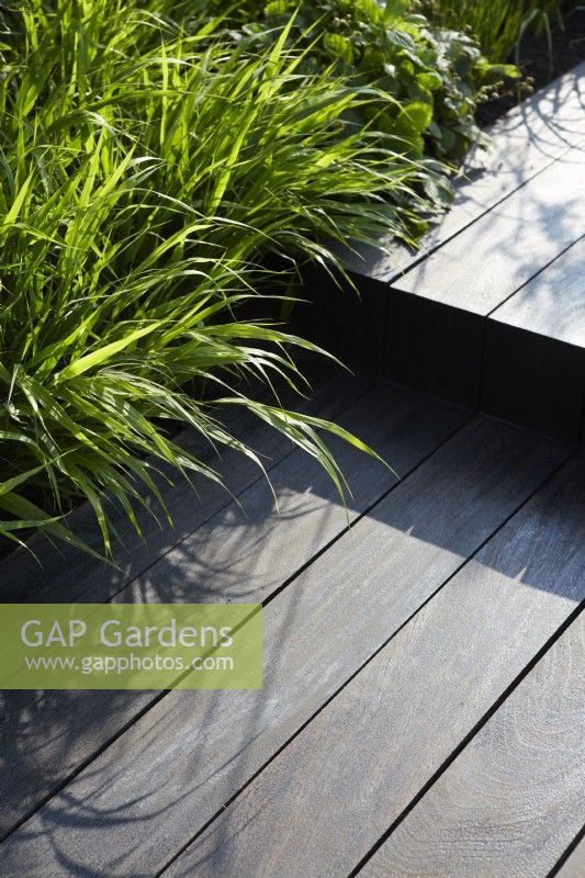 Wooden steps made with reclaimed timber cladding next to grasses catching the summer sun.