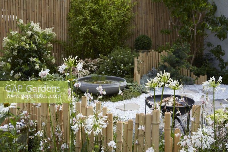 The Lunar Garden Designer: Queenie Chan. Low bamboo fences circular water feature and white themed planting including Agapanthus africanus 'Whitney'. Summer.