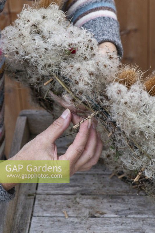 Step-by-Step making a Countryside Wreath from a wire frame wrapped in old man's beard. Step 3: attach a wired teasel to the underside of the frame.