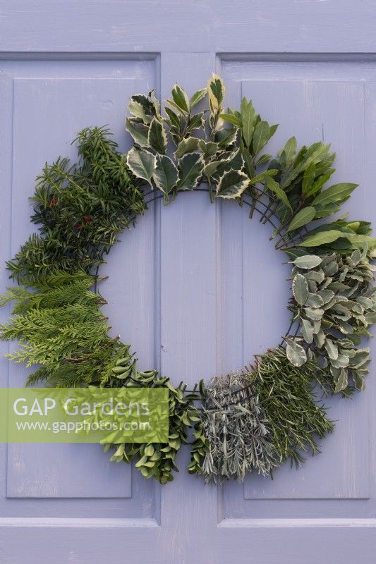 Worked examples of possible evergreens for wreaths identified by handwritten labels: holly, bay, pittosporum, rosemary, rosemary, lavender, spindle, yew and cypress.