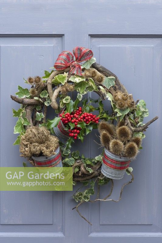 The Holly and the Ivy Wreath. Twisted twigs and ivy stems are wound round a metal frame and secured with wire. It is adorned with ivy, whilst three small buckets are filled with seasonal plant material.