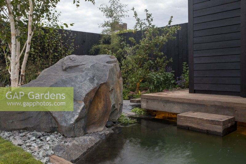 Timber frame wooden deck with steps leading down to a cold water plunge pool - a black painted fence with Malus domestica - Apple tree and Betula pendula - large stone boulder and rocks