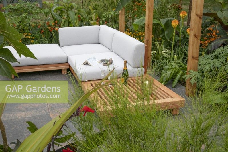 Seating area in 'Staycation Tropical Cornwall' at BBC Gardener's World Live 2021, august 