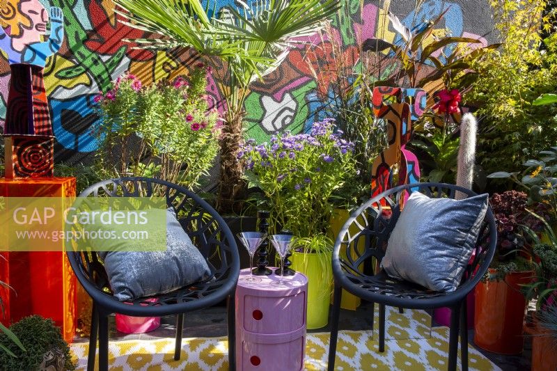 A modern contemporary colourful balcony terrace garden with black chairs and cushions - a pink table with cocktail glasses - mixed perennial container planting 