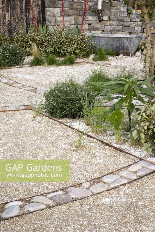 A gravel and crushed shell path in a drought tolerant Mediterranean garden - RHS Malvern Spring Festival - The Home away Garden designed by Emily Crowley-Wroe