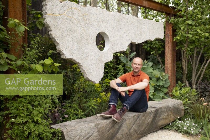 Portrait of Darren Hawkes garden designer on the Samaritans Listening Garden at RHS Chelsea Flower Show London May 2023