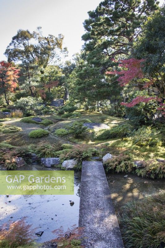Stone bridge across stream with view to undulating grass mounds in garden, trees and shrubs with autumn colour. 