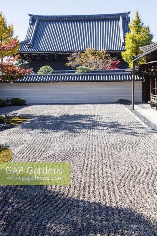 Part of the main Zen garden of raked gravel called karesansui which translates as 