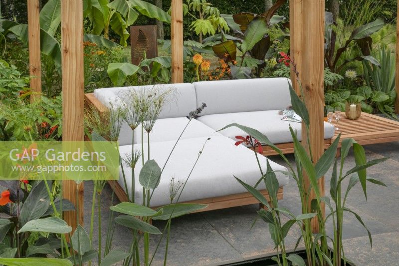 Seating area in 'Staycation Tropical Cornwall' at BBC Gardener's World Live 2021, august