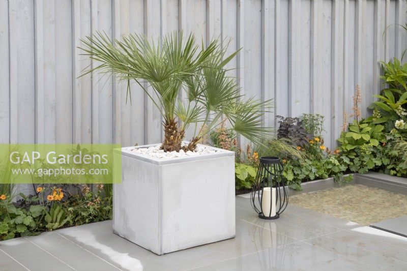 Square white planter in the Gadd Brothers Garden Getaway at BBC Gardener's World Live 2019, June