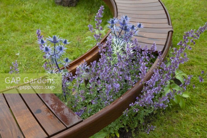 Curved wooden seating in 'Curves and Cube' garden, RHS Chatsworth Flower Show 2017, June