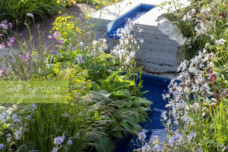 A modern contemporary water rill with mixed perennial planting of Euphorbia, Geranium pratense 'Mrs Kendall Clark' and Lychnis flos-cuculi 'White Robin' 