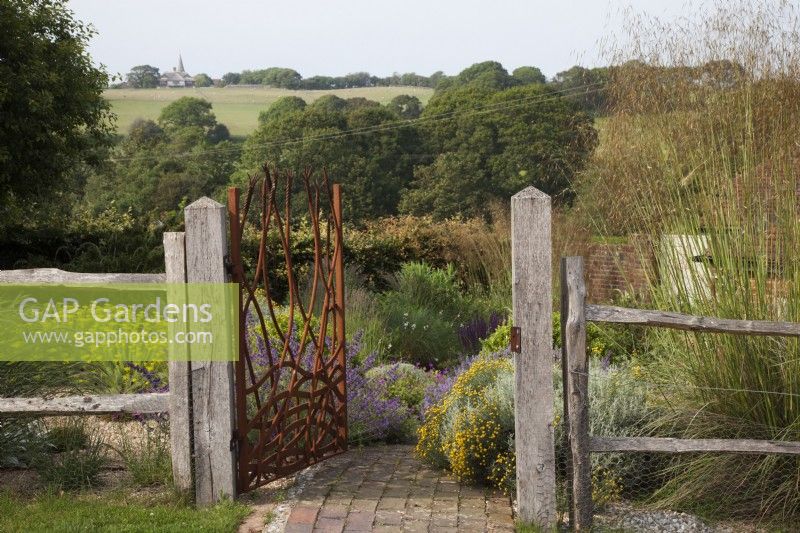 Drought tolerant garden filled with mediterranean plants. Bespoke Steel Gate allowed to rust, depicting corn and the fields, framing the view of the fields to Pett Church and entrance to The Jewel Garden -  Curved brick pathway. Nepeta 'Six Hills Giant' - Catmint,   Santolina chamaecyparissus ' Yellow Buttons', Euphorbia seguieriana subsp. niciciana , grasses including Calamagrostis brachytricha and Stipa gigantea, Geraniums. Gate Made by  Jake Bowers The Thirsty Bear Forge Hastings