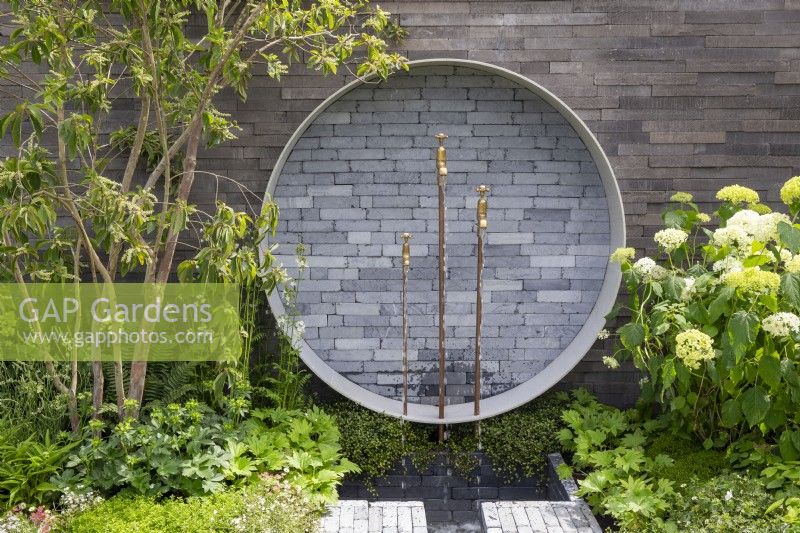 Garden wall with a circular concrete and clay brick pavers water feature, brass tap spouts and copper pipes, Hydrangea arborescens 'Annabelle'