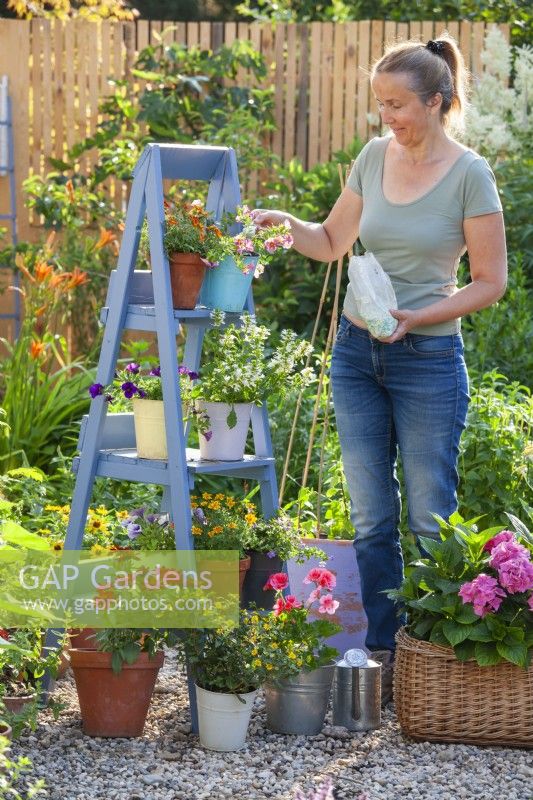 Woman adding plant food to bedding plants on ladder.