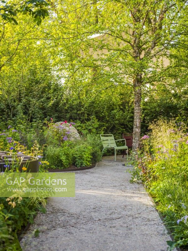 A terrazzo-like paved path, made from waste aggregate, and metal edged lead to Fernob chair, Betula nigra and stone cairn. Horatio's Garden, Chelsea Flower Show 2023. Designer: Charlotte Harris and Hugo Bugg, Gold medal winner, Best Show Garden