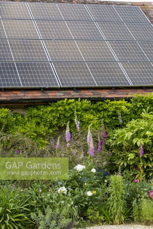 Solar panels on the garage roof in summer garden