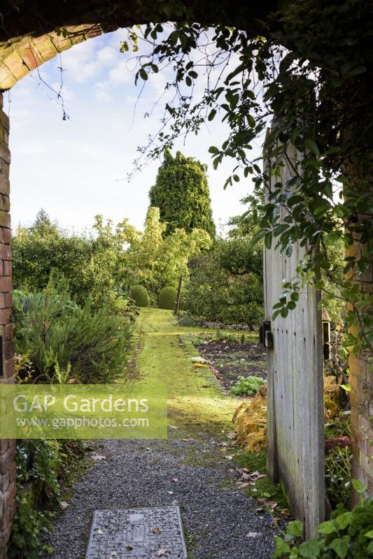 View through a gate into a walled vegetable garden with mossy path in October