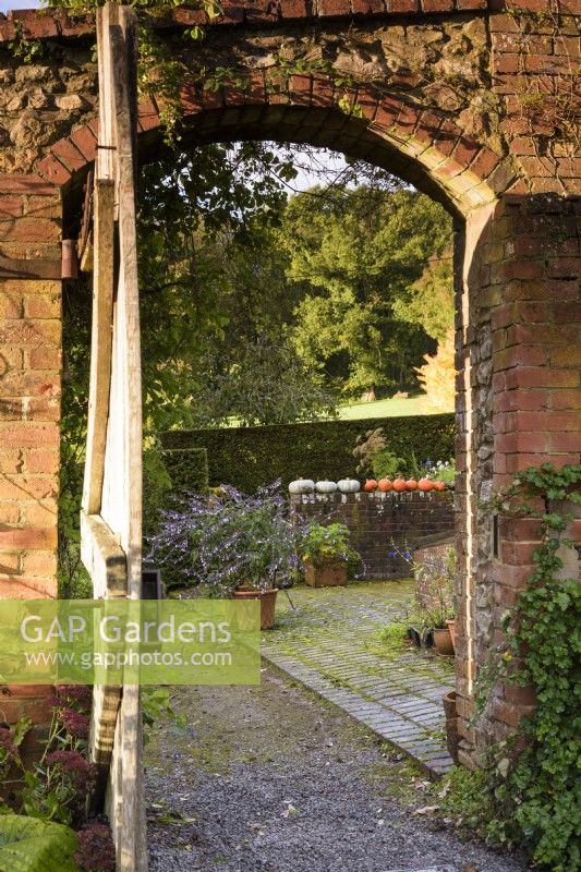 View through a gate into a formal garden with pots of salvias and squashes drying on a low wall in October