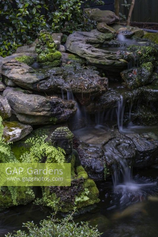Waterfall flowing into a koi carp pond featuring a moss covered Buddhist statue and Maidenhair fern.